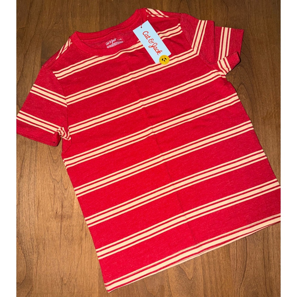 Cat & Jack Boys Red Cream Striped Short Sleeve Crewneck T-Shirt Size S 6/7 NWT